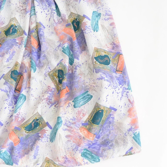 Vintage 90's Leslie Belle White  w Watercolor Abstract Splash Belt Midi Dress 12 - Picture 5 of 15